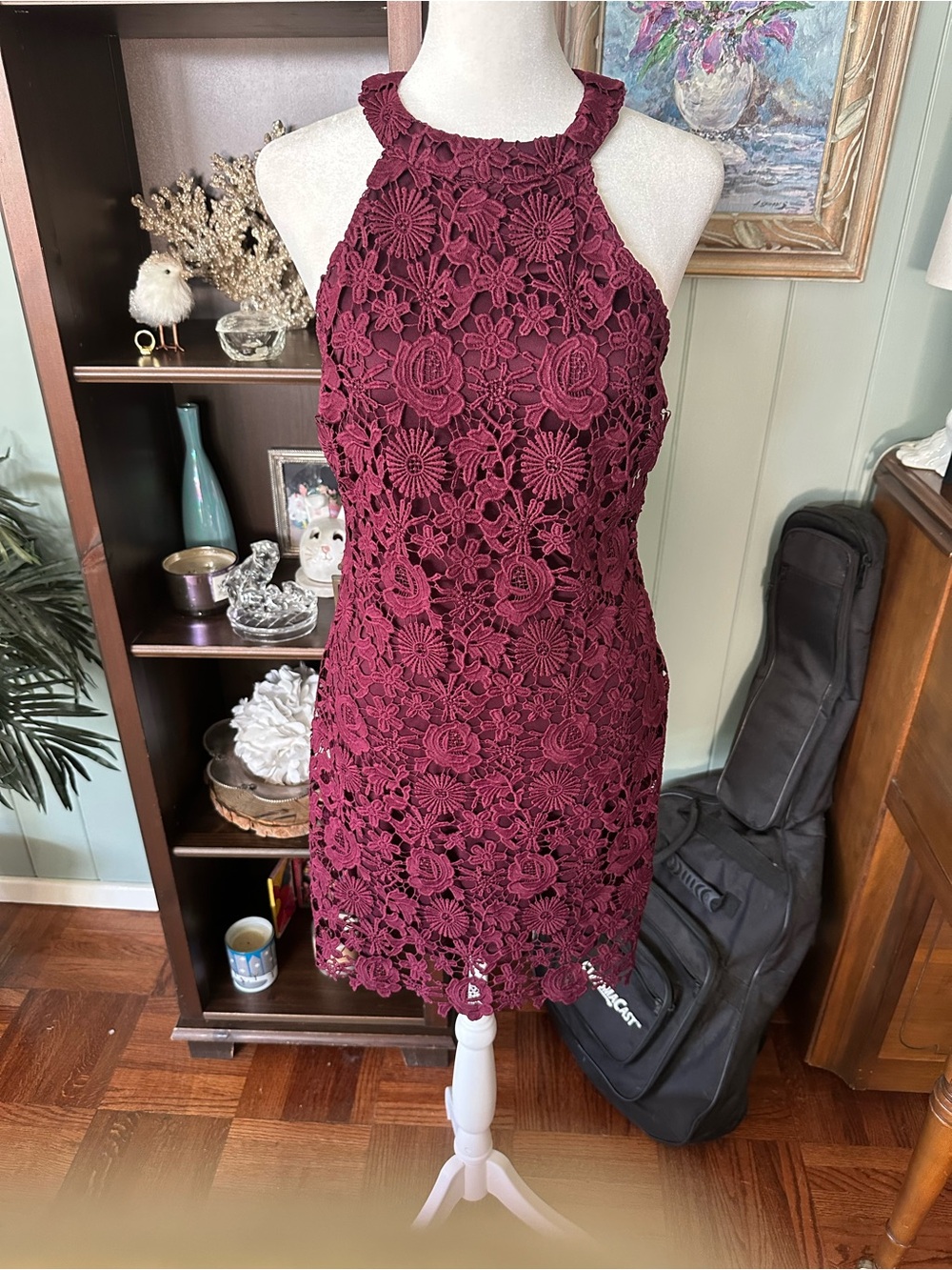 Lulu's Wine Crochet Halter Mini Dress